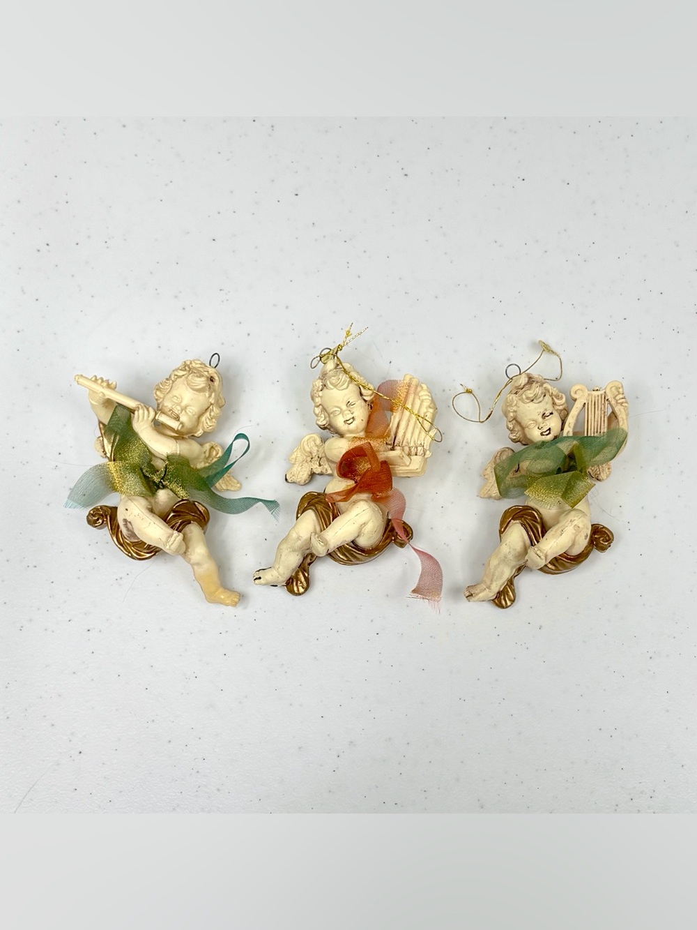 Vintage Set Of 3 Cherubs Winged Angel Ornaments Plastic Victorian Christmas